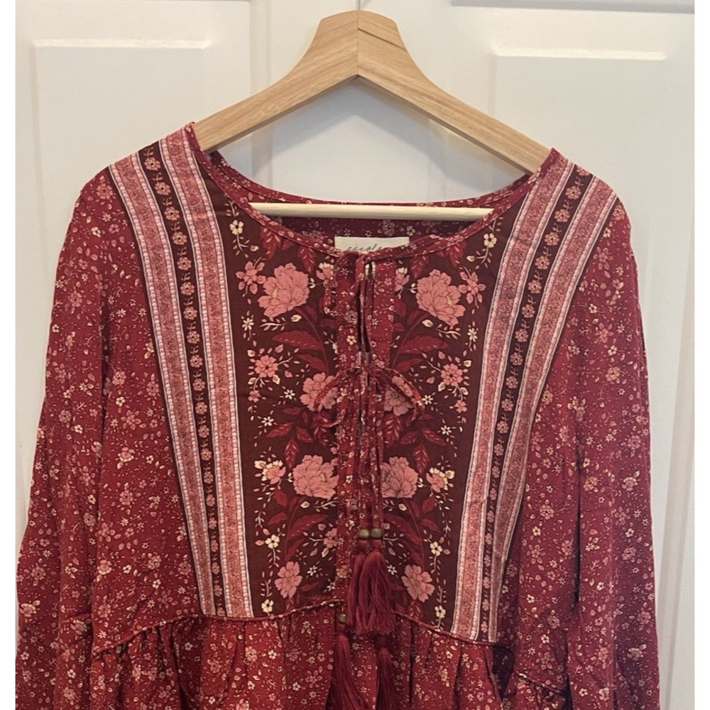 Aveology Women's 16 Boho Peasant Red Pink Floral Tasseled Tunic Top NWT
